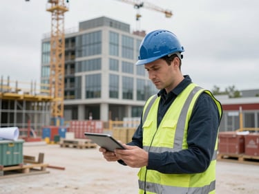 A site manager in a hard hat reviewing blueprints on a tablet at a active UK construction site, modern building in background, overcast daylight, authentic editorial photography
