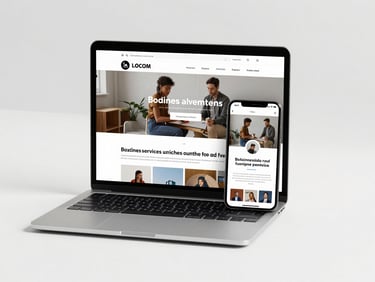A modern laptop and smartphone side-by-side showing a fast-loading website for a local service business, bright high-contrast studio lighting.