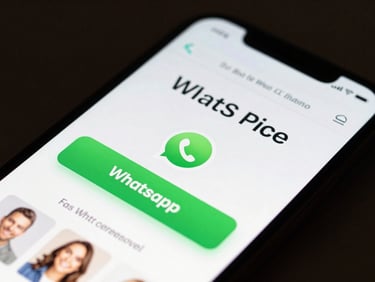 A close-up of a smartphone screen displaying a fast-loading mobile service website with a prominent, glowing green WhatsApp contact button, clean modern design, high-contrast lighting.