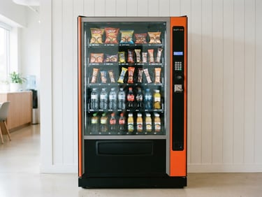 A straight-on medium shot of a modern, sleek glass-front vending machine in a bright, clean corporate breakroom, natural indoor daylight, vibrant orange accents, sharp focus, 35mm