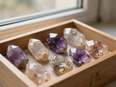 Close-up of a premium wooden box containing seven raw, colorful healing crystals arranged neatly on linen, soft side-lit window daylight