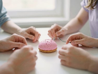 Besijuokiančios moterys su taurėmis prie stalo pilno pastelinių karoliukų, jauki šventinė atmosfera