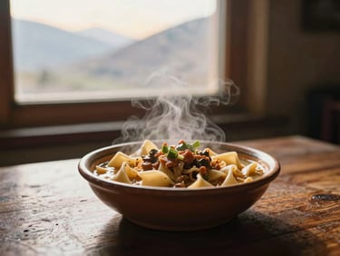 Steaming traditional Ladakhi skyu pasta stew served in a rustic ceramic bowl on a dark wooden table, soft window light, 35mm film aesthetic