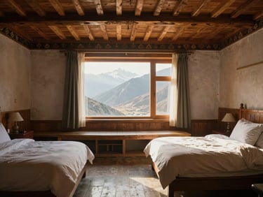 Cozy double bedroom with traditional Ladakhi wooden ceilings, clean white linens, a low wooden window seat, soft mountain light streaming in, 35mm film aesthetic.
