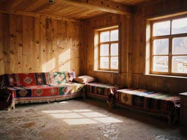 Warm environmental shot of a spacious Ladakhi family room, sun-drenched pine wood paneling, colorful traditional hand-woven blankets, soft golden window light.