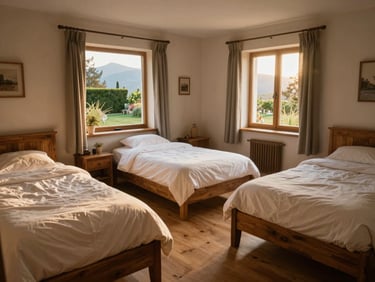 Spotless triple bedroom with three neatly made single beds, warm wooden floors, rustic details, window overlooking the peaceful garden, soft morning light.