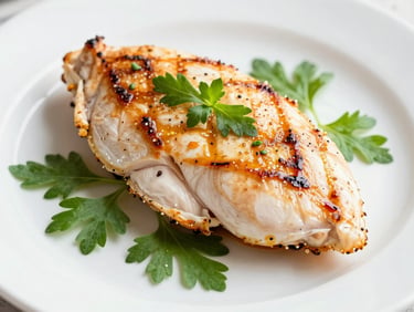 Bright high-key food photography of a pan-seared chicken breast with fresh green herbs on a white plate