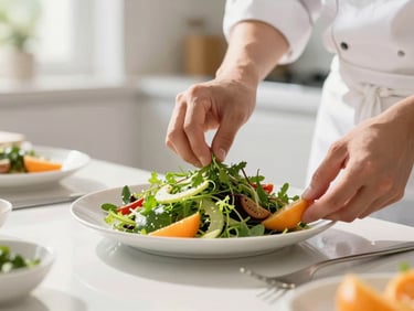 A bright, sunlit kitchen interior with a chef in a white apron carefully plating a fresh salad, vibrant green herbs, warm orange accents, high-key natural light, shallow depth of field.