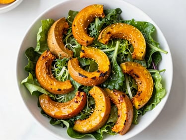 Overhead shot of a vibrant harvest salad with green leafy vegetables and roasted squash in a white bowl