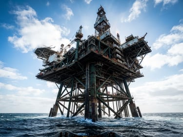 Low-angle heroic shot of a massive offshore oil platform against a crisp daylight sky, emphasizing steel scale and industrial engineering.