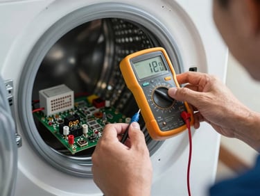 A close-up of a technician's hands using a professional digital multimeter to test electrical contacts on a clean washing machine control board, bright natural light.