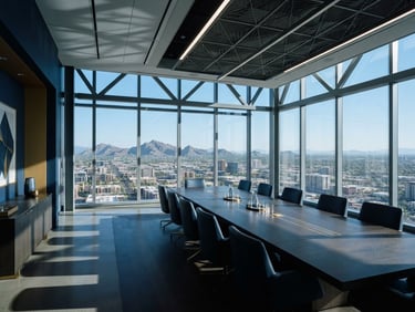 Wide architectural angle of a modern steel-and-glass boardroom in Phoenix, cool morning light casting sharp geometric shadows, deep navy reflections, 35mm photography