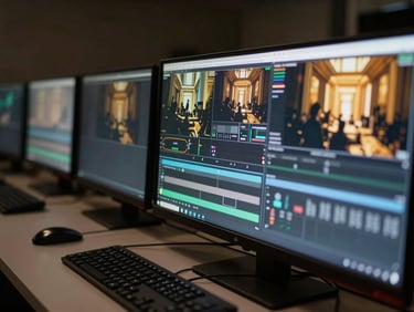 Close-up of a technical production desk with glowing monitors displaying live feeds, broadcast-grade event setup, sharp focus, 35mm