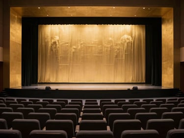Symmetric wide-angle shot of an immaculate corporate summit stage with a large gold-accented backdrop, empty seating, dramatic lighting, 35mm