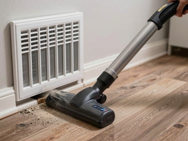 Close-up of a high-powered duct cleaning vacuum hose inserted into a floor register, dust and debris visible being extracted, task lighting on the equipment, residential basement context
