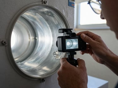 Technician hands photographing the interior of a clean duct with a small inspection camera, phone screen showing the bright clean metal interior, natural light from nearby window