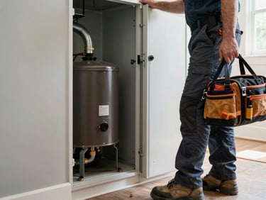 Technician arriving at a South Shore Montreal home, opening mechanical room door to inspect the furnace and duct access points, natural hallway light, work boots and tool bag visible, no faces shown