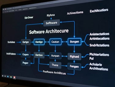 Wide horizontal view of a software architecture diagram on a dark screen, glowing blue connection lines, clean typography, high-contrast technical aesthetic.