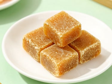 Golden organic jaggery blocks on a white ceramic plate, bright natural light, crisp focus, 35mm