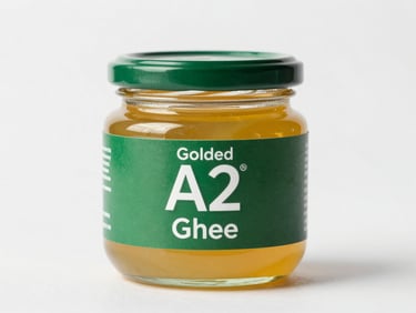 A jar of golden clarified A2 Ghee with soft light reflecting off the glass, minimalist background, 35mm