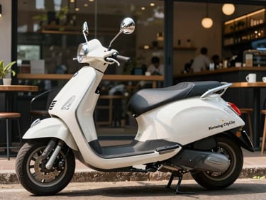 A lightweight Kenwing CityLite scooter parked near a modern Nairobi cafe, bright equatorial morning light.
