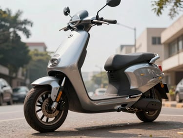 Low-angle dynamic shot of the Kenwing Cruiser scooter in bright daylight on a Nairobi street, sleek metallic frame.