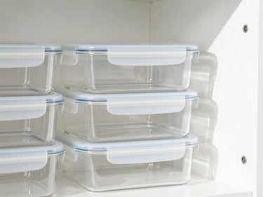 Close-up of clear, stackable food storage containers neatly arranged in a pantry, soft shadows.