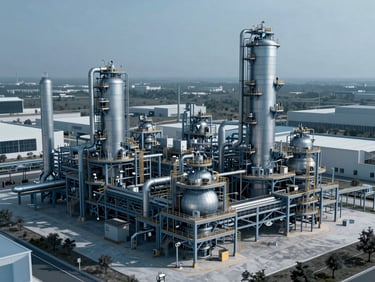 Architectural blue-toned technical rendering of a modern industrial plant layout, precise lines, sophisticated engineering details