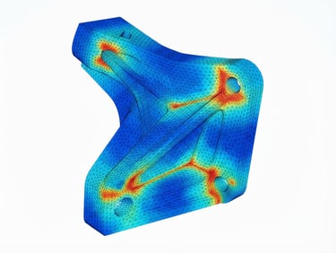 High-resolution 3D finite element analysis FEA mesh plot on a clean white background, vibrant blue and orange stress lines, sharp technical focus, 35mm architectural lens