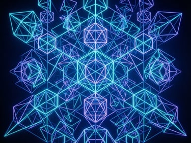 Abstract geometric wireframe glowing with cyan and violet neon light, deep navy background, sharp focus.