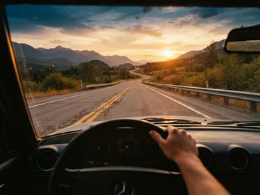 First-person driver perspective looking down a scenic two-lane highway at sunset, warm golden-hour light, rich saturated tones, 35mm film style