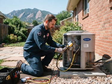 NATE-certified technician in clean uniform working on an outdoor AC condenser unit in Denver, bright Colorado sunlight, medium shot, sharp focus