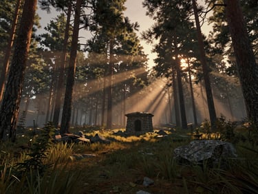 Full-screen game environment screenshot: a dense forest clearing at dusk, shafts of amber light cutting through pine canopy, a lone stone structure in the mid-ground, shot at native game resolution