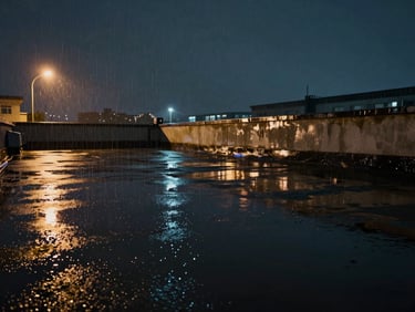 Full-screen game environment screenshot: a rain-soaked rooftop at night, neon reflections pooling in shallow water, amber streetlight in the far left, shot at native game resolution with no post-processing