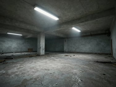 Full-screen game environment screenshot: an abandoned brutalist interior, cold fluorescent light overhead, dust motes visible in a single beam, cracked tile floor, shot at native game resolution