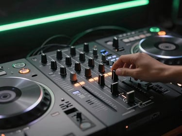 Close-up of DJ booth hardware — a mixer fader and two CDJ platters partially lit by a single narrow neon green beam from above, the rest of the frame in deep black, motion blur on the fader hand suggesting a live mix in progress