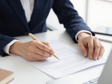 A close-up of hands reviewing modern corporate documents with a gold pen on a clean office desk, bright natural light, professional corporate photography style.