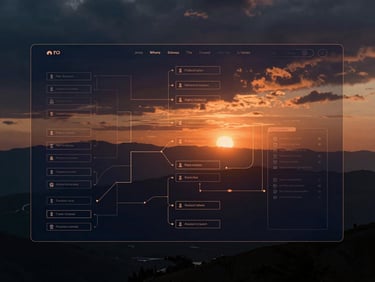Wireframe overlay on a modern website design, showing user flow and interaction points, soft orange glow.