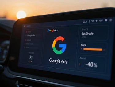 Close-up of a sleek, modern digital dashboard displaying real-time analytics for Google Ads, with subtle blue and orange glows, cinematic lighting.