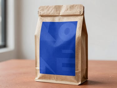 Real-world mockup of a coffee bag with bold geometric typography and a vibrant cobalt blue label, bright Melbourne studio setting