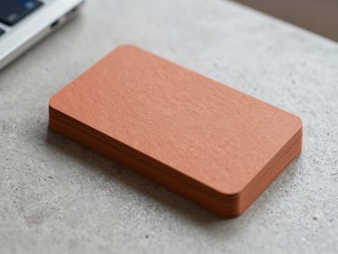 Angled close-up of tactile terracotta business cards stacked on a clean concrete desk, soft natural daylight, crisp focus on paper texture