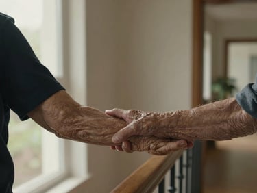 A steady hand gently guiding an elderly person's arm along a hallway railing, warm natural light from a side window, calm domestic interior