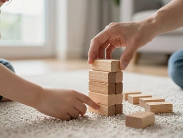 Close-up of an adult hand and a small child's hand stacking wooden blocks on a rug, soft daylight through a nearby window, a tidy living room floor