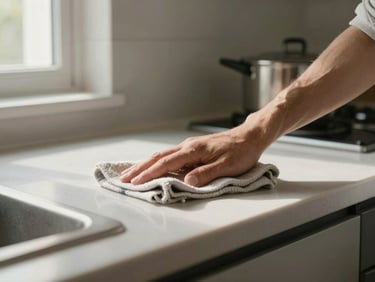 Hands wiping a kitchen counter with a folded cloth, natural window light, a clean organized surface in a modest urban apartment