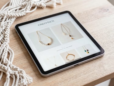 bright lifestyle photography, a clean digital tablet displaying a minimalist online store with handmade jewelry, resting on a wooden table next to macrame threads, soft natural daylight, shallow depth of field
