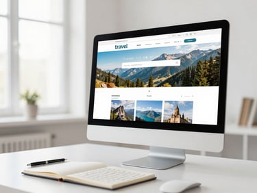 bright lifestyle photography, a clean desktop monitor displaying a travel agency website with beautiful landscape photos, notebook and pen on the desk, bright room, soft natural daylight