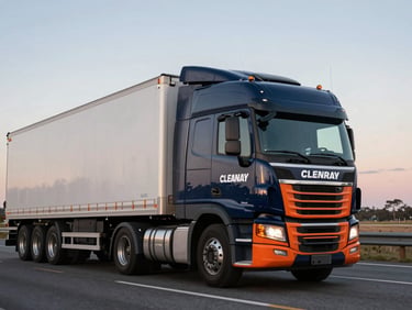 A clean Murray Logistics semi-truck traveling on a highway during a crisp, dramatic sunrise, deep navy cab with safety orange accents, sharp focus, wide-angle industrial photography