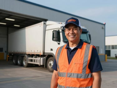 A smiling professional truck driver wearing a branded cap, standing in front of a modern warehouse bay, crisp daylight