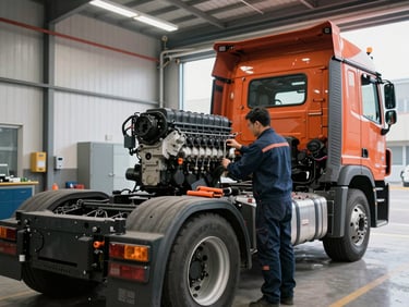 A skilled technician inspecting a heavy-duty truck engine in a clean, well-lit maintenance bay, safety orange tools visible