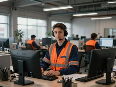 A professional dispatcher in a clean logistics office, looking directly at the camera, natural morning light, navy and orange ambient tones